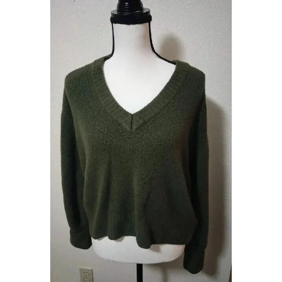 Elan Wool Blend V Neck Pullover Cropped Sweater‎ Oversized Green Size Small - Picture 1 of 4